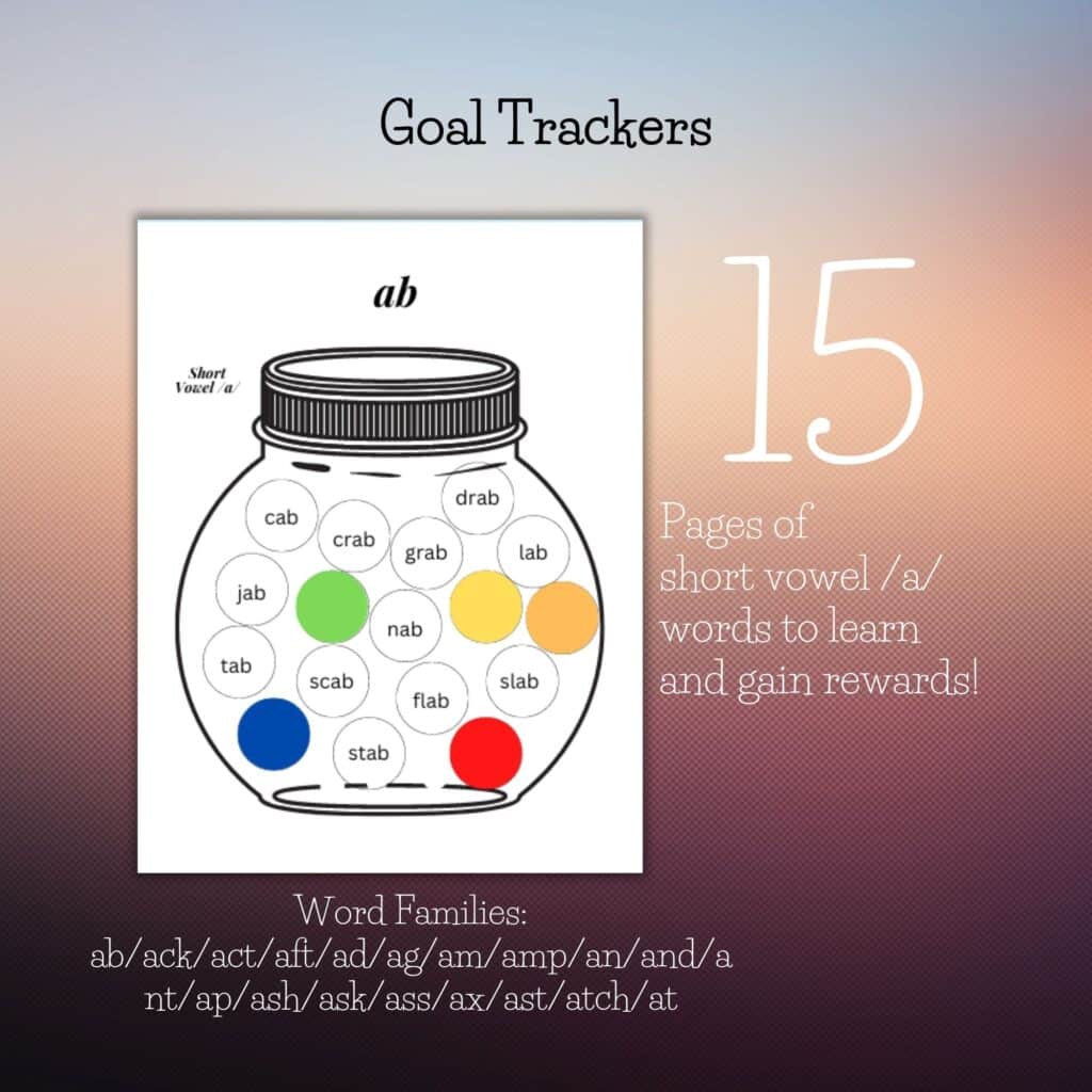 Short vowel A word family goal tracker for dyslexia homeschool, multi sensory learning activity 15 pages, Gravel and Gumption printable PDF
