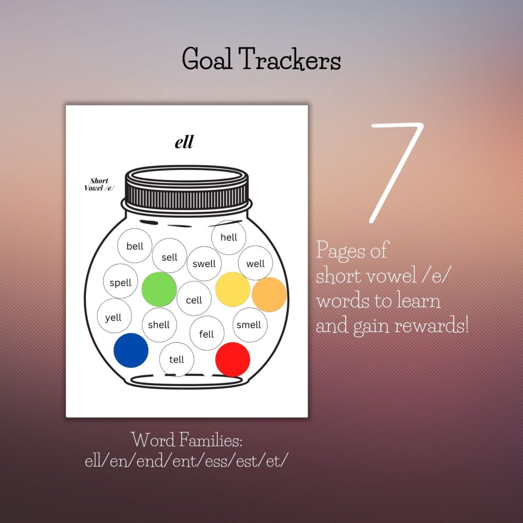 Short vowel E word family goal tracker for older struggling readers, dyslexia homeschool activity 7 pages, Gravel and Gumption printable PDF