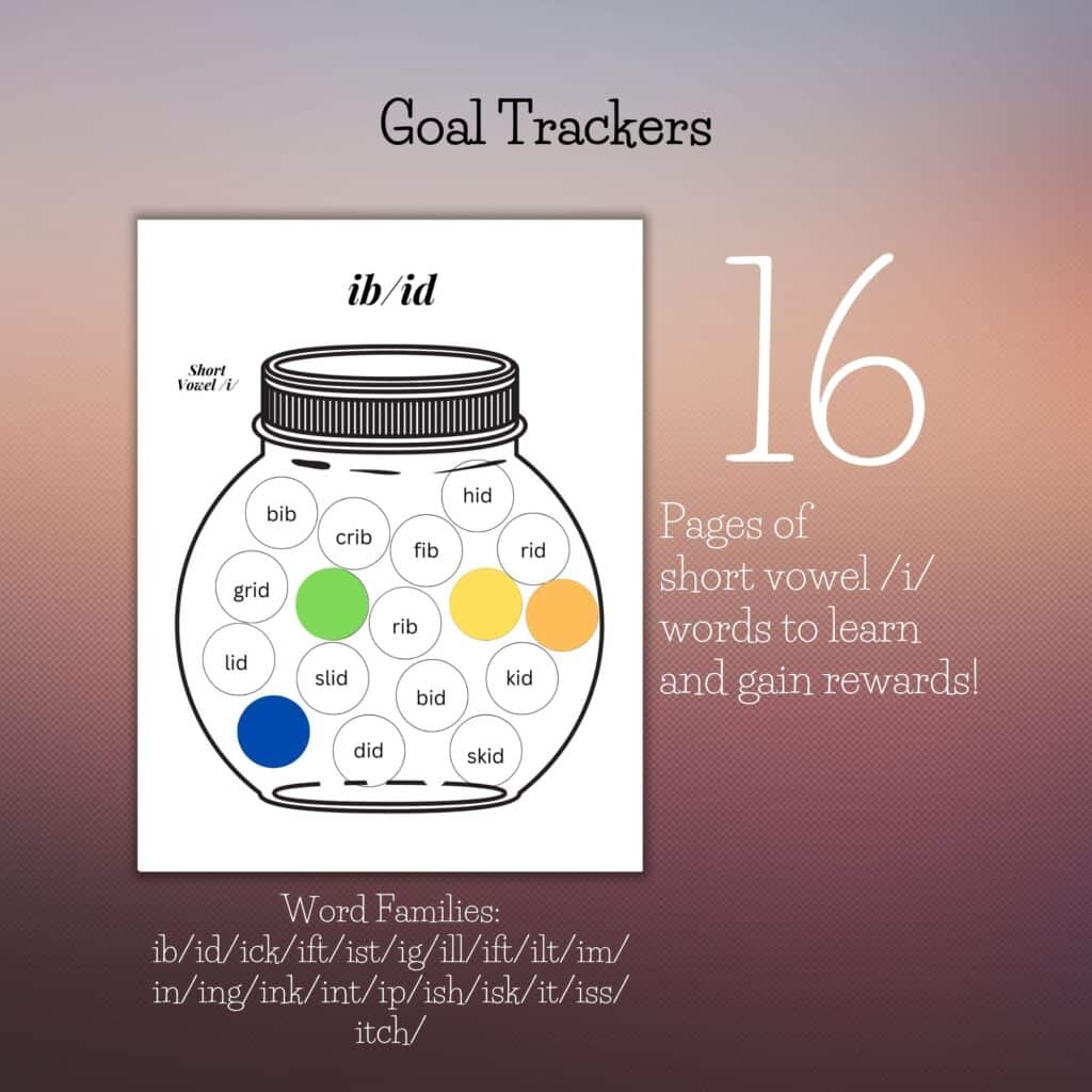 Short vowel I word families goal tracker for dyslexic learners, multi sensory reading activity 17 pages, Gravel and Gumption printable PDF