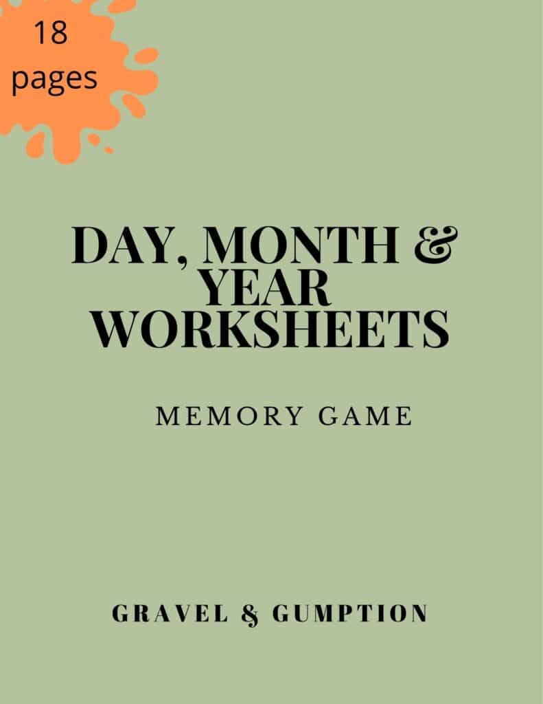 calendar practice, day, month year, memory game pdf for kids with dyslexia on the gravel and gumption website