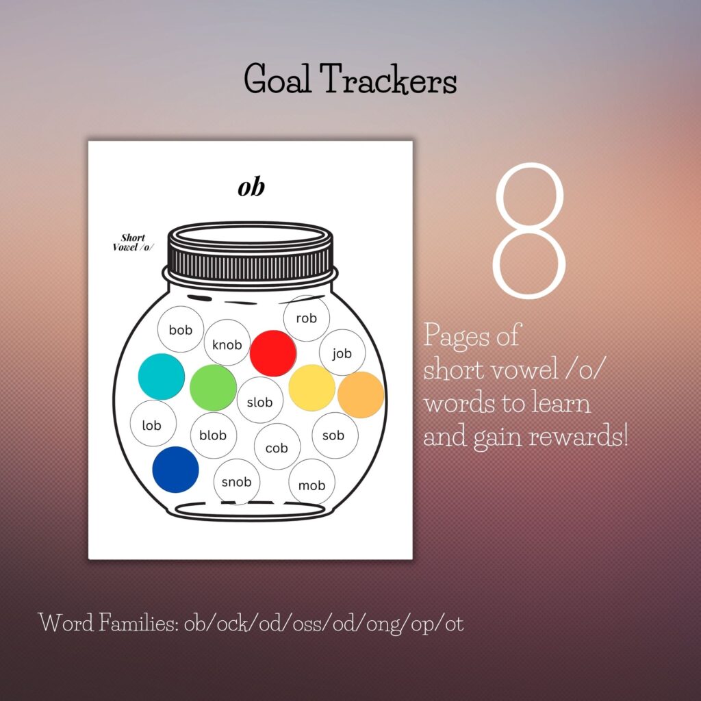 Short vowel O word family goal tracker for older struggling readers, dyslexia homeschool activity 8 pages, Gravel and Gumption printable PDF