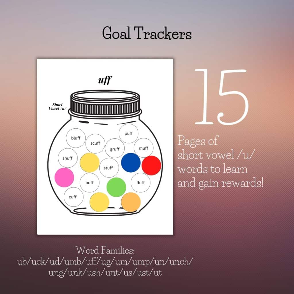 Short vowel U word family goal tracker for dyslexia homeschool, multi sensory learning activity 15 pages, Gravel and Gumption printable PDF