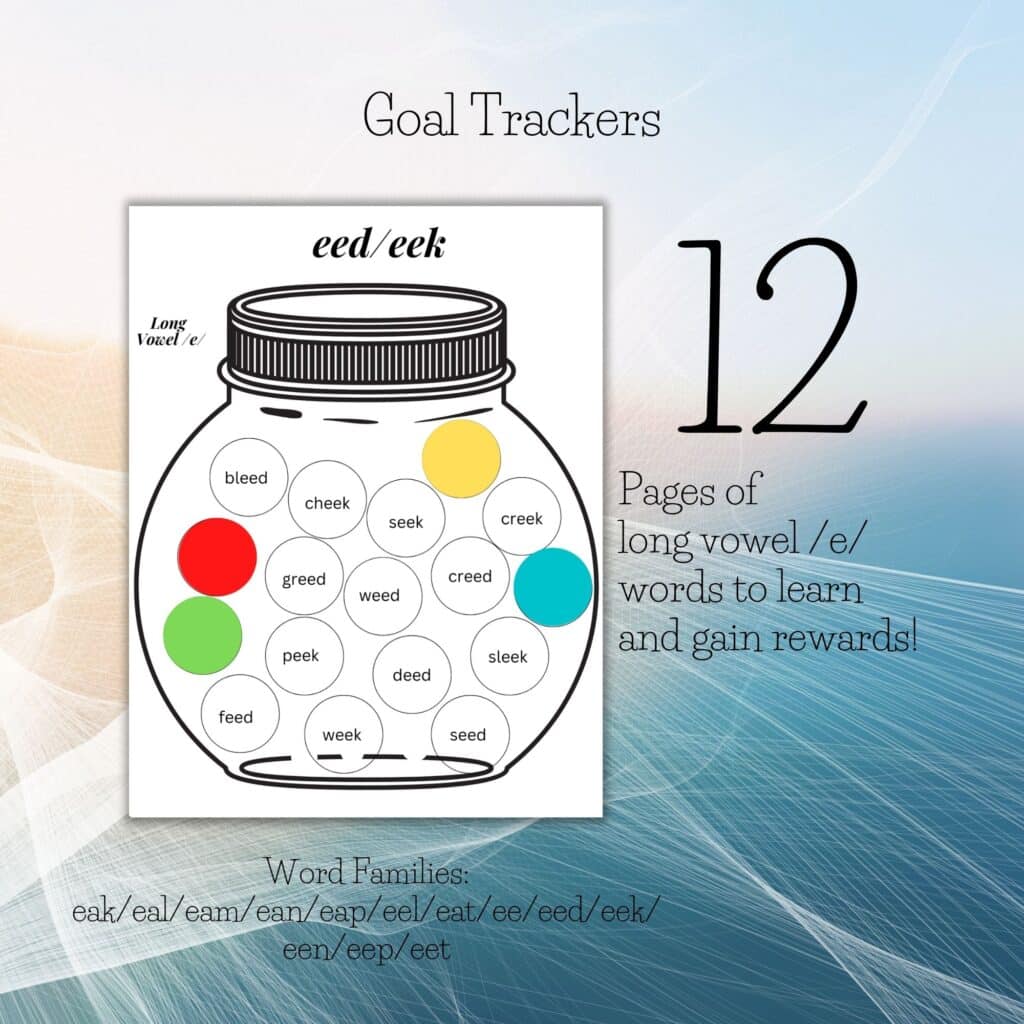 Long vowel E word families goal tracker for struggling readers, dyslexia homeschool activity 12 pages, Gravel and Gumption printable PDF