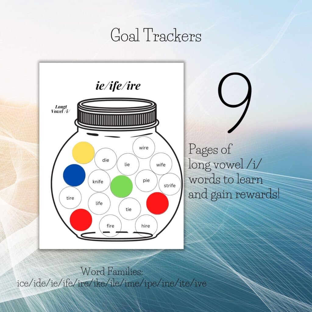 Long vowel I word family goal tracker for older dyslexic students, multi sensory learning activity 9 pages, Gravel and Gumption printable PDF