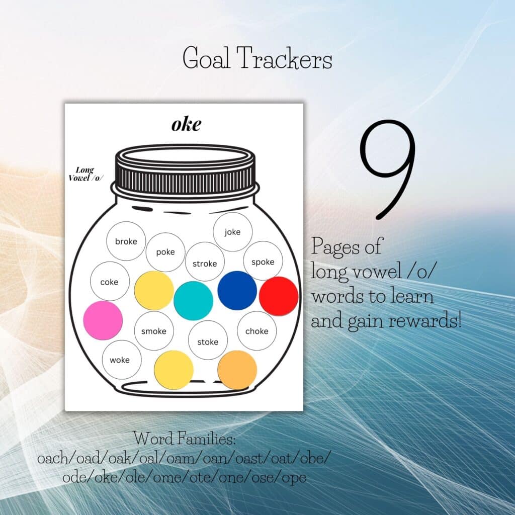 Long vowel O word family goal tracker for dyslexia homeschool, struggling reader activity 9 pages, Gravel and Gumption printable PDF
