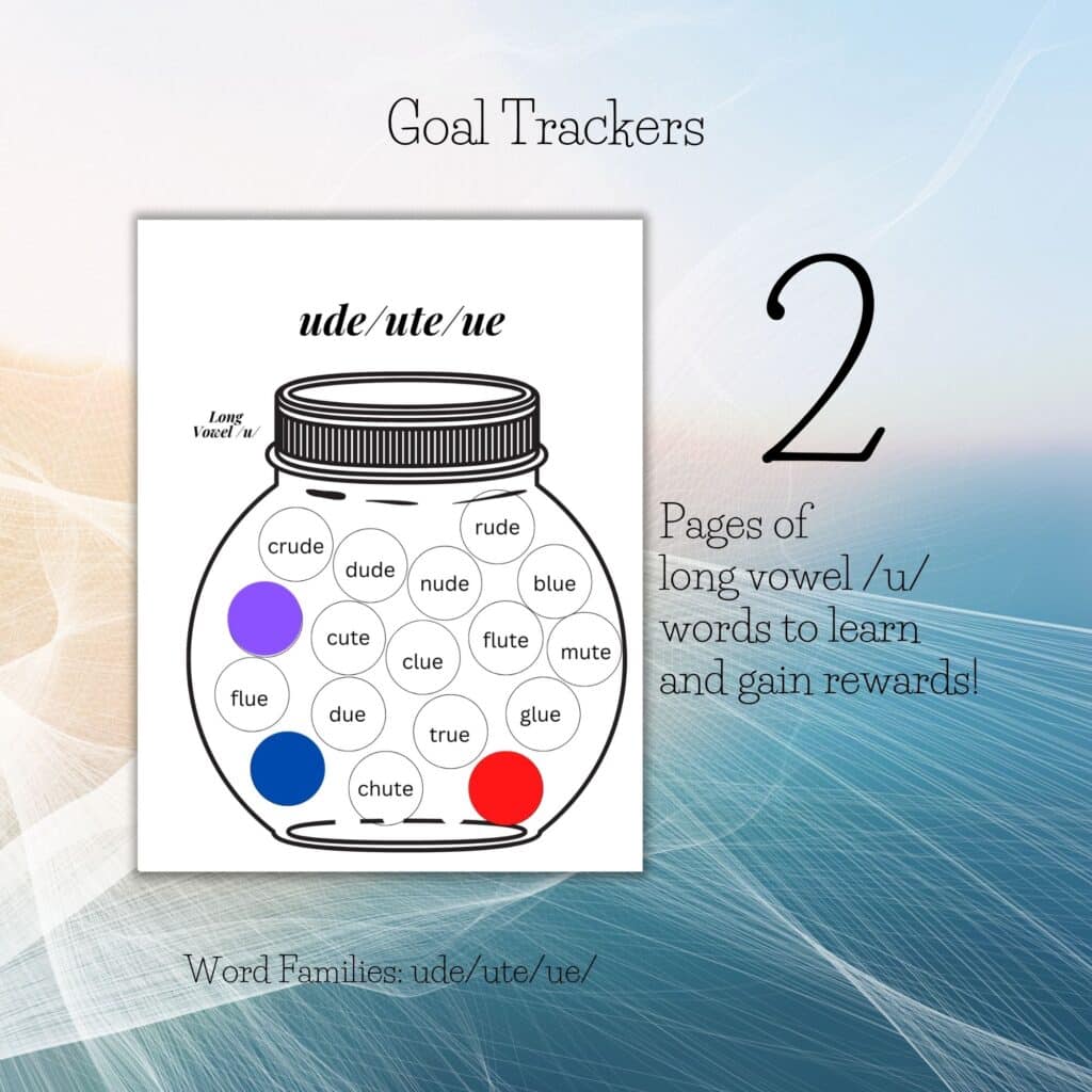 Long vowel U word family goal tracker for older struggling readers, dyslexia printable activity 2 pages, Gravel and Gumption PDF